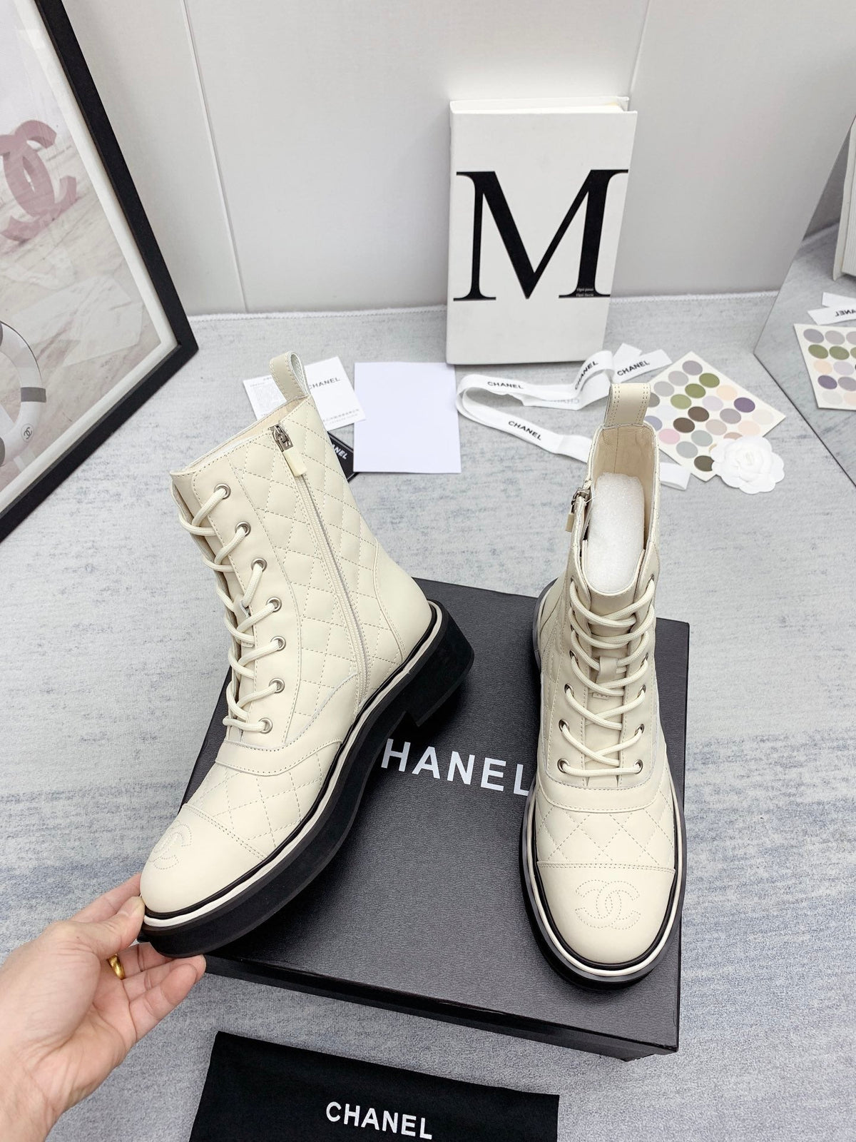 CC 26s Lace Up Combat Boots Ivory White Quilted Leather 160137