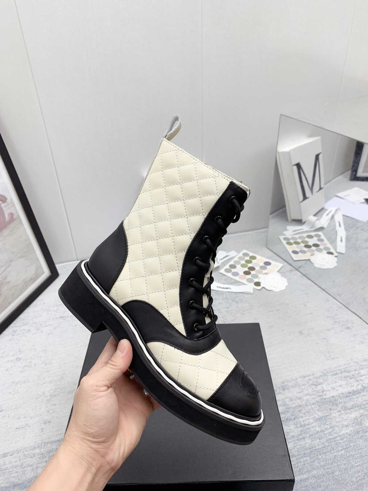 CC 26s Lace Up Combat Boots Ivory Black Quilted Leather 160140