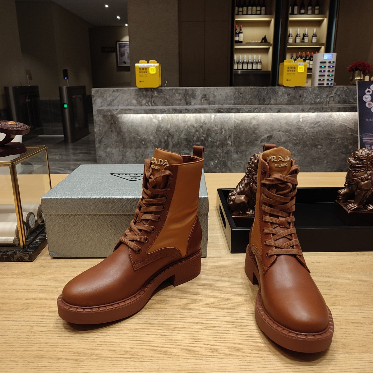 Prada 26s Combat Triangle Logo Boots 5.5cm Cognac Nylon Leather 109449