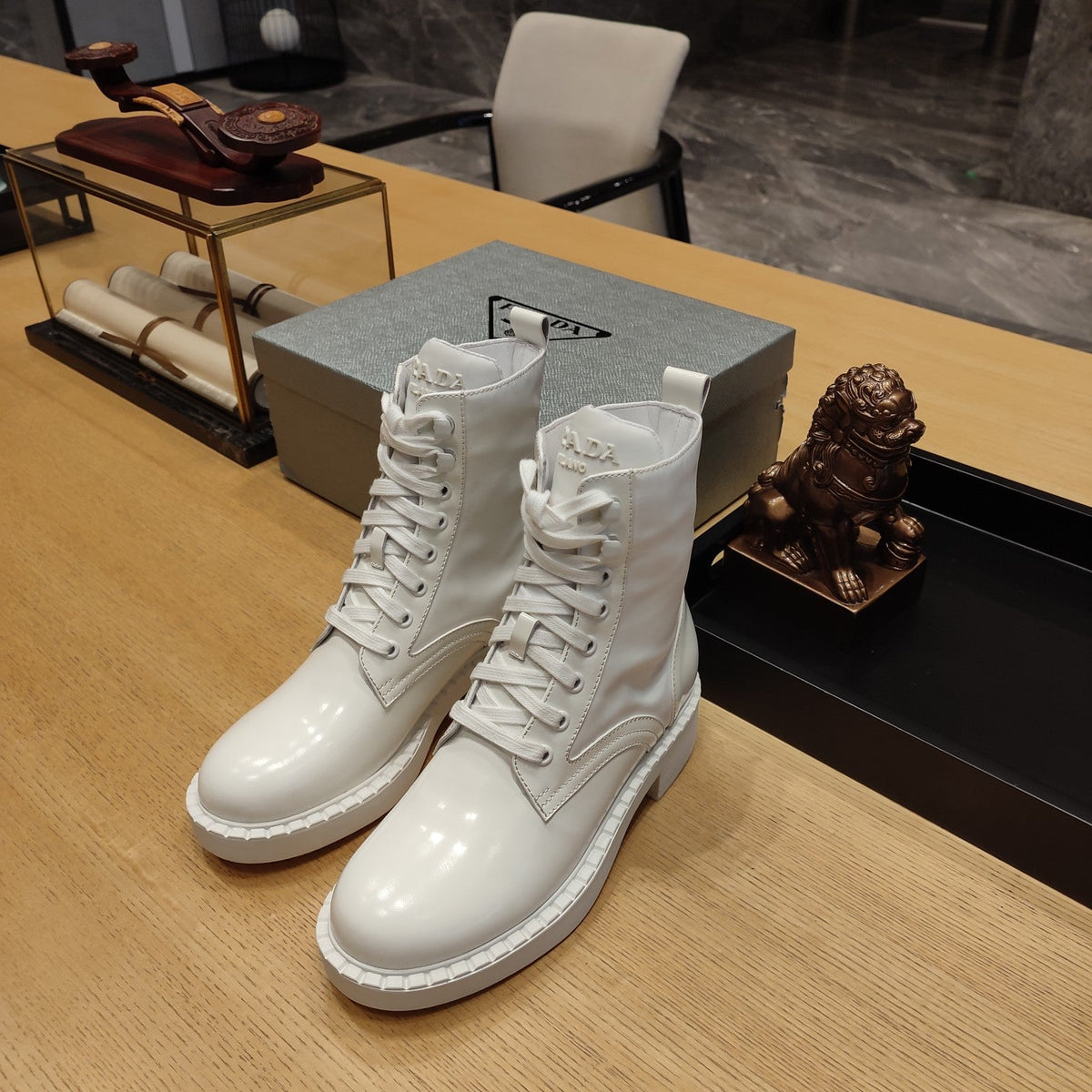 Prada 26s Combat Logo Boots 5.5cm White Patent Leather 109450
