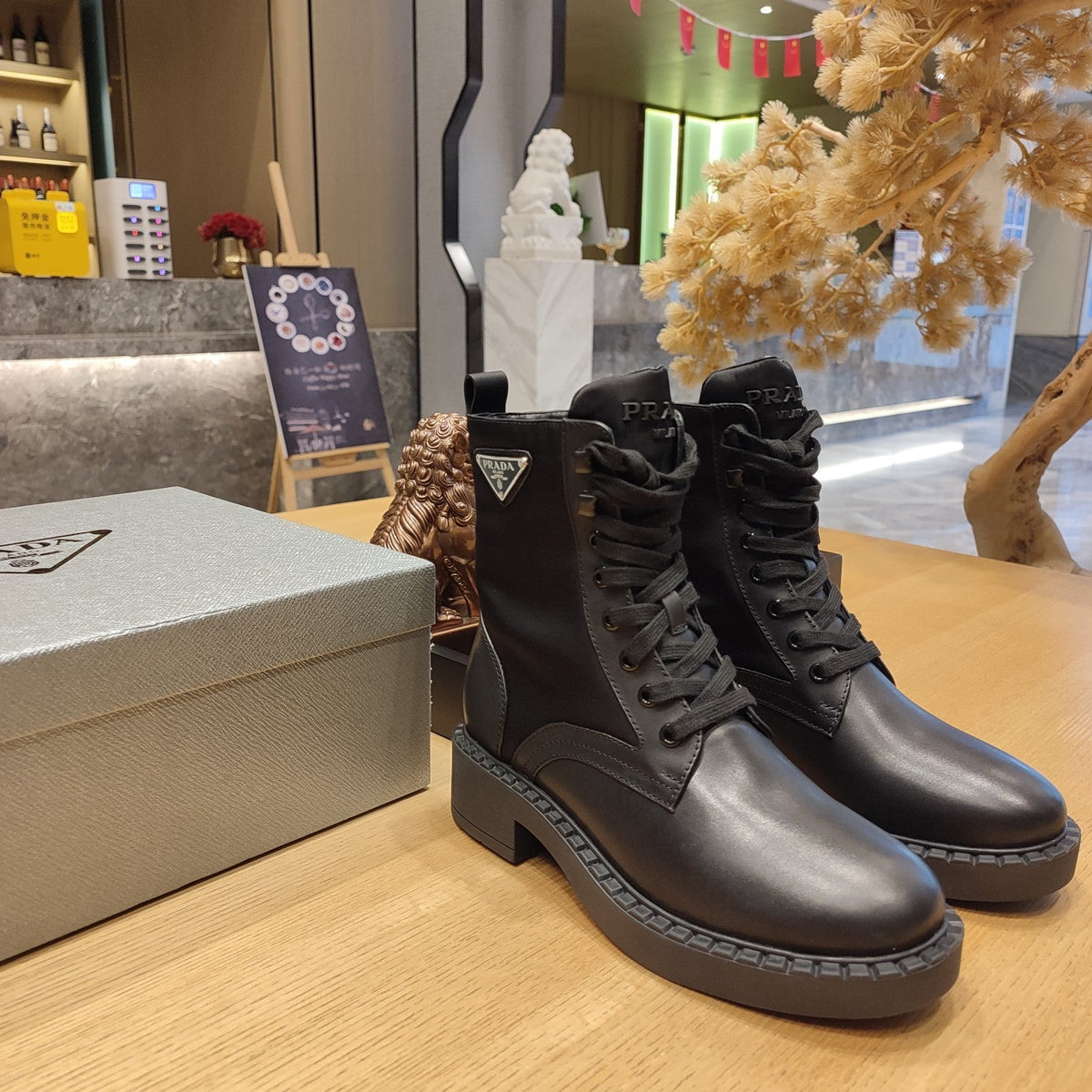 Prada 26s Combat Triangle Logo Boots 5.5cm Black Nylon Leather 109451