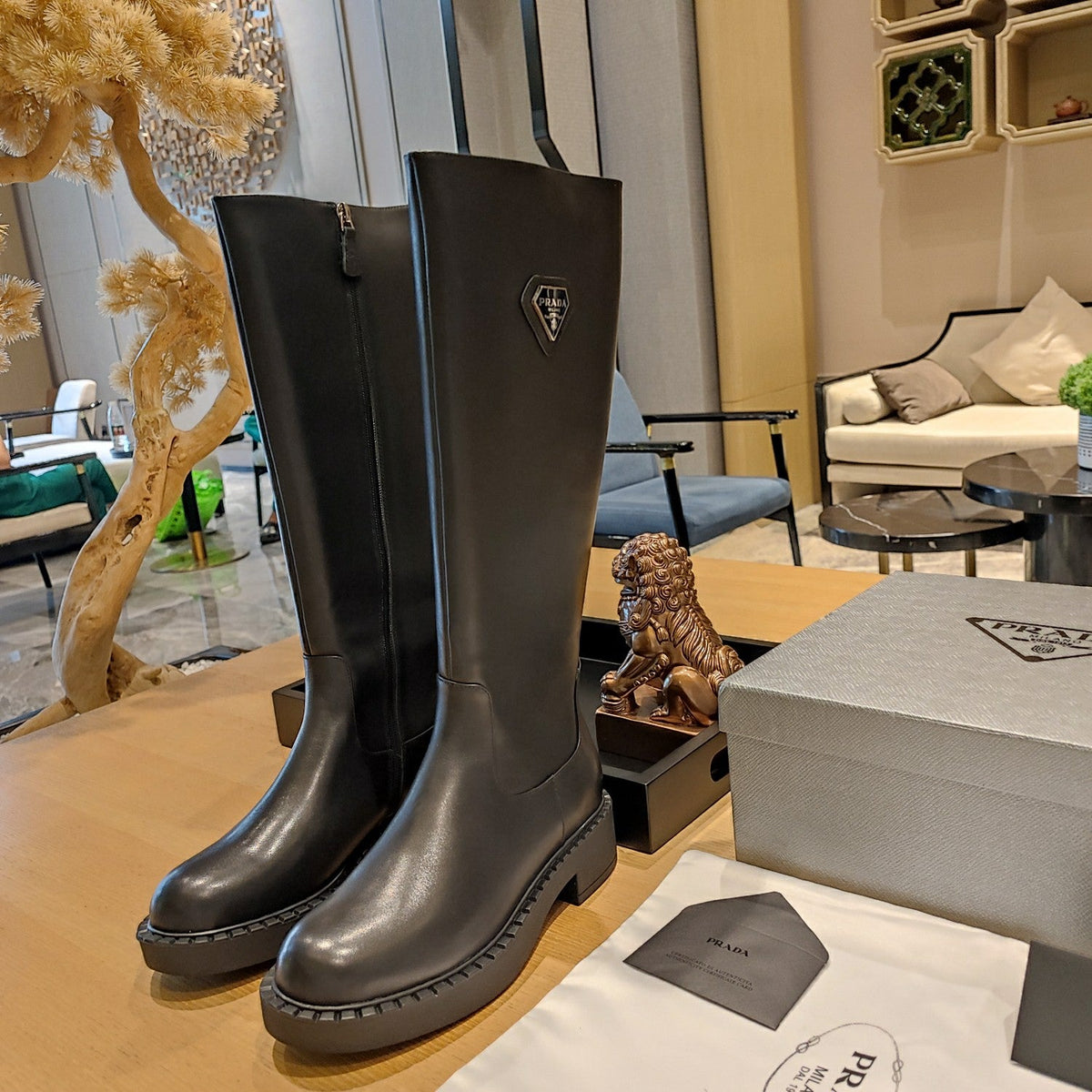 Prada 26s Knee-High Boots 5.5cm Black Smooth Triangle Logo Leather 109458