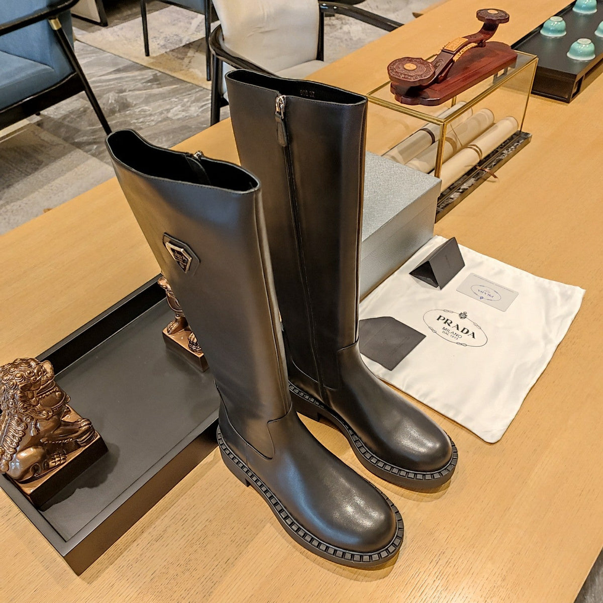Prada 26s Knee-High Boots 5.5cm Black Smooth Triangle Logo Leather 109458