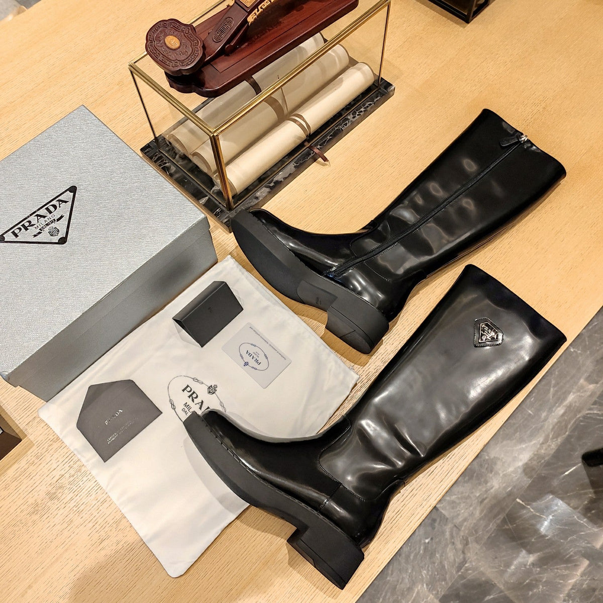 Prada 26s Knee-High Boots 5.5cm Black Patent Triangle Logo Leather 109459