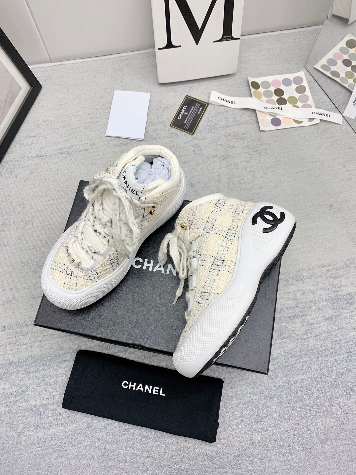 CC 26s High Top Sneakers 5cm Beige Black Tweed 163041