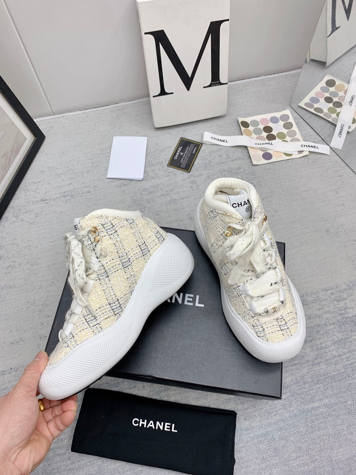 CC 26s High Top Sneakers 5cm Beige Black Tweed 163041