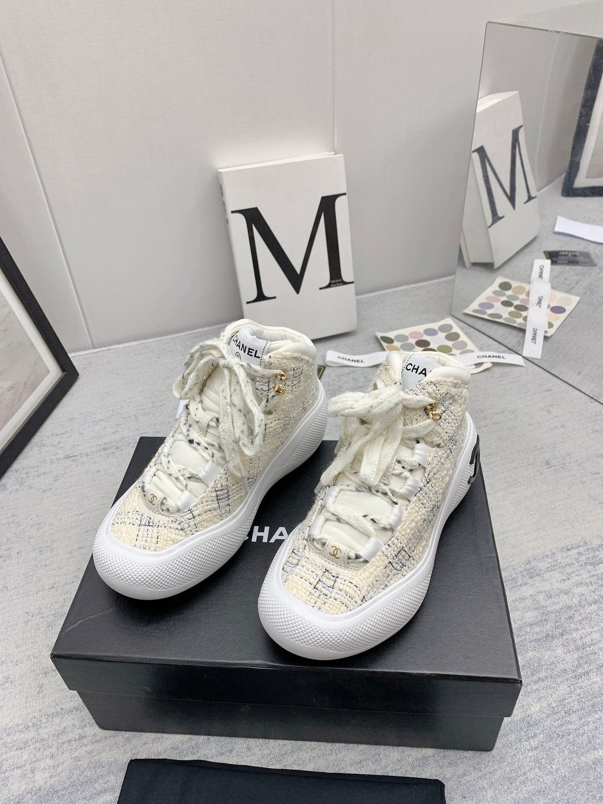 CC 26s High Top Sneakers 5cm Beige Black Tweed 163041