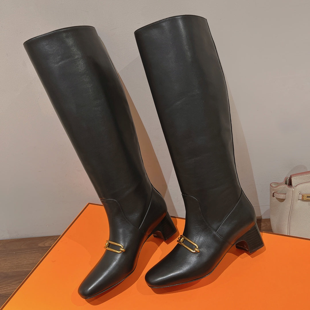 HM 26S Dora Gold Buckle Jumping Boots 5cm Black Leather 112942