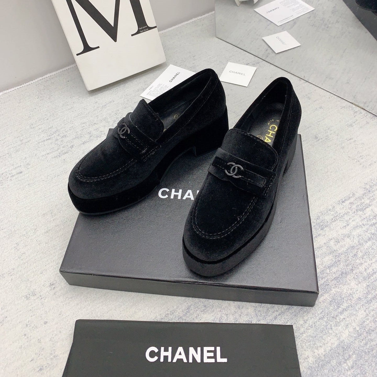CC 2026 Logo Chunky Platform Loafers Black Velvet 161817