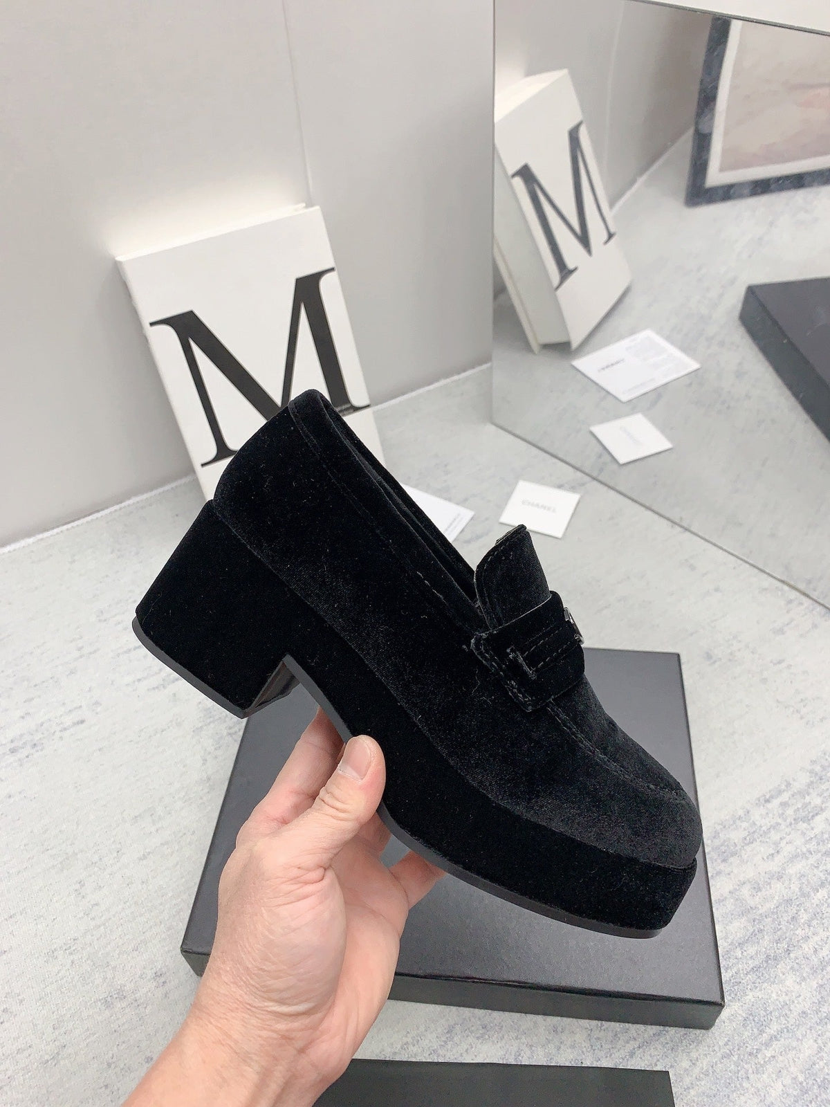 CC 2026 Logo Chunky Platform Loafers Black Velvet 161817