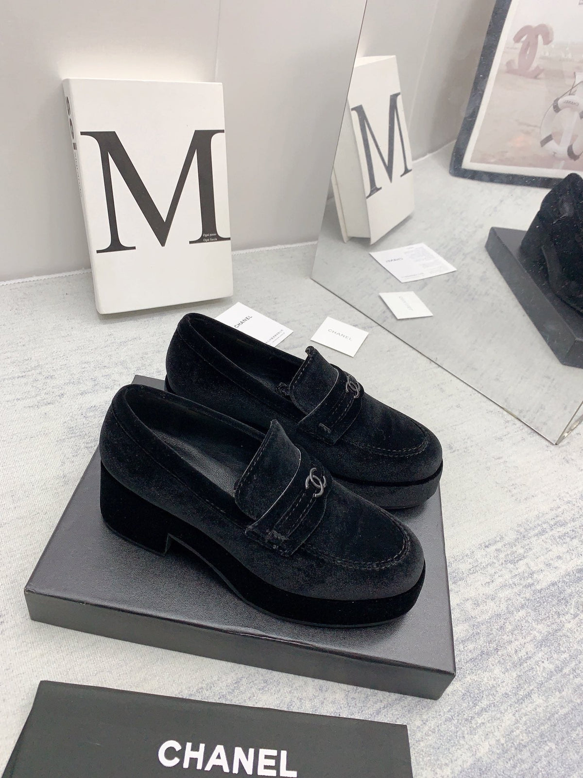 CC 2026 Logo Chunky Platform Loafers Black Velvet 161817