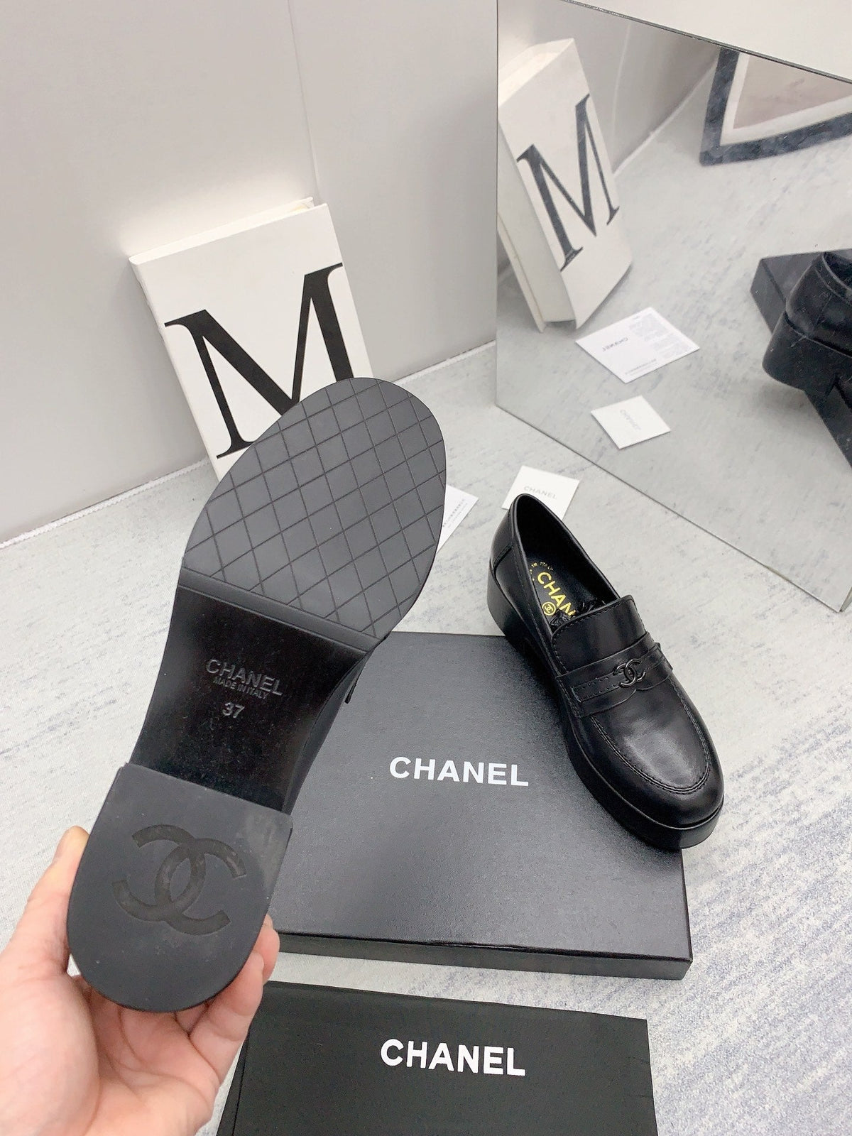 CC 2026 Logo Chunky Platform Loafers Black Leather 161816