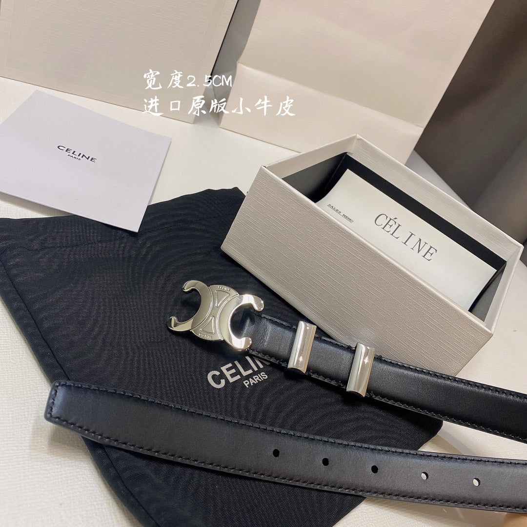 CL MEDIUM 25MM TRIOMPHE BELT IN BLACK CALFSKIN SILVER HARDWARE