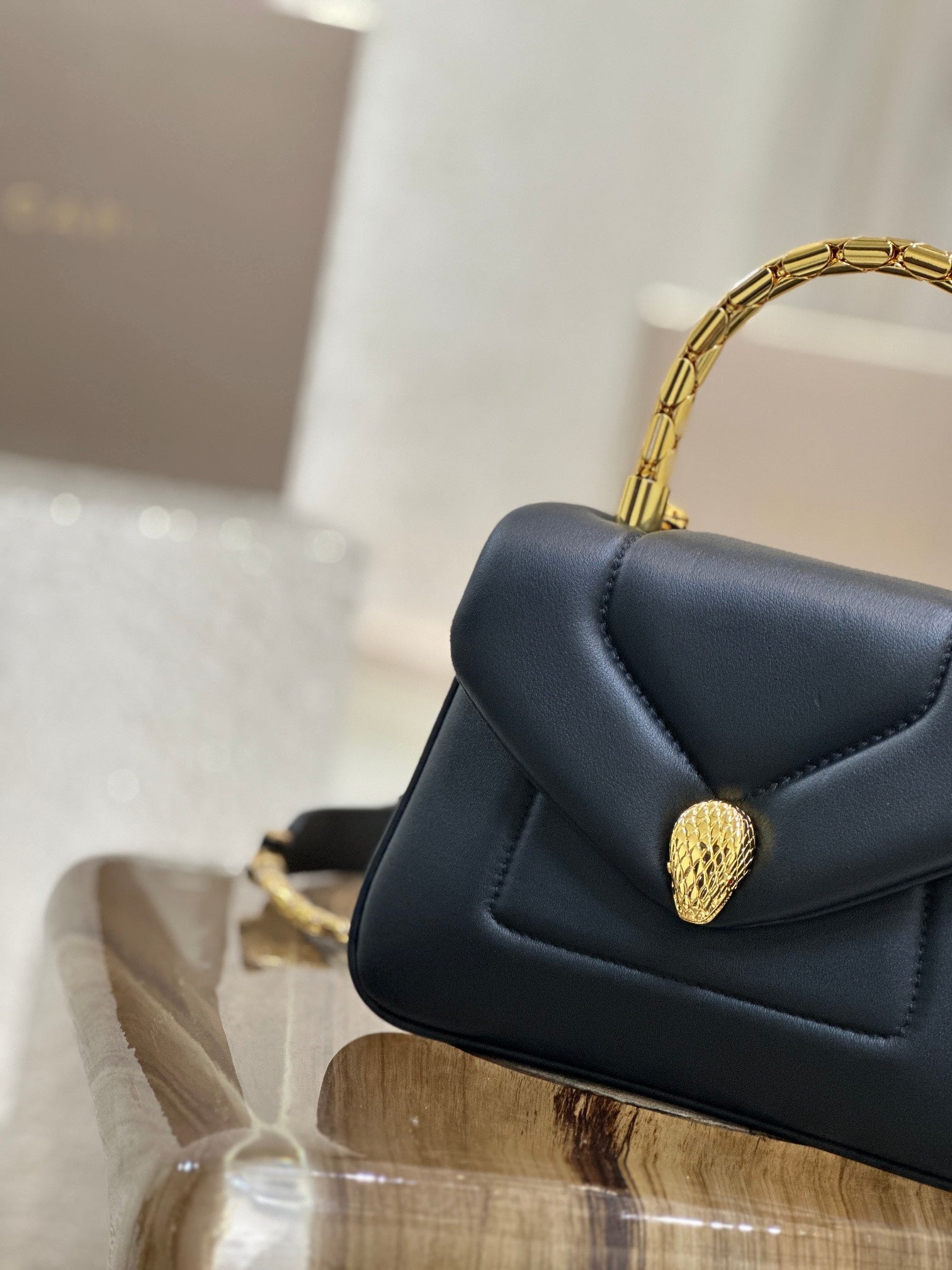 BVL Serpenti Reverse Top Handle 20cm Black Calfskin GHW 188564