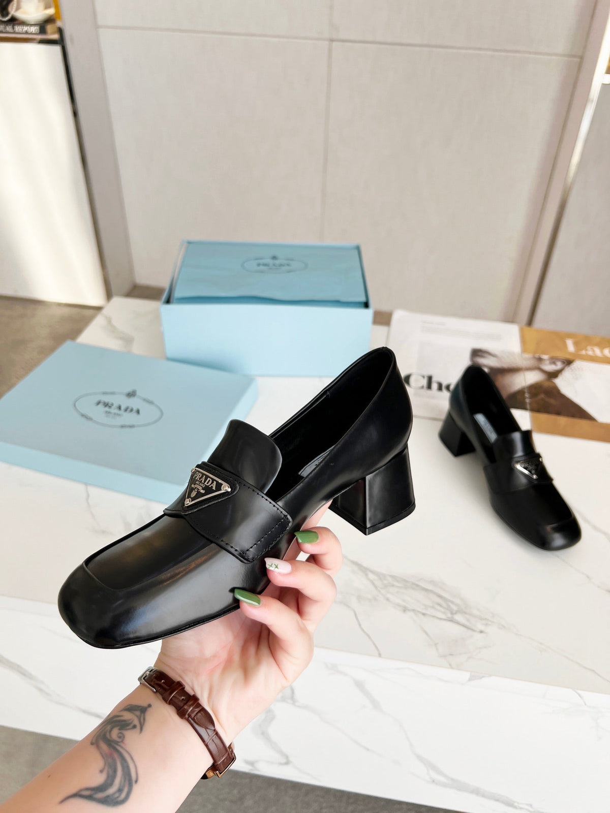 Prada 26S Block Heel Loafers Black Leather 147123