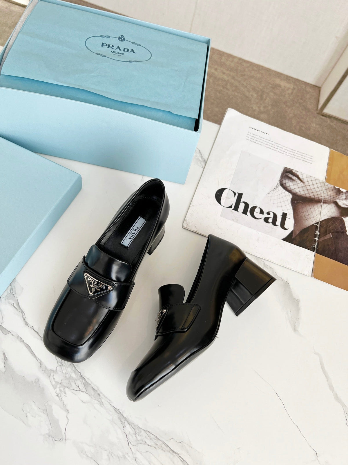 Prada 26S Block Heel Loafers Black Leather 147123