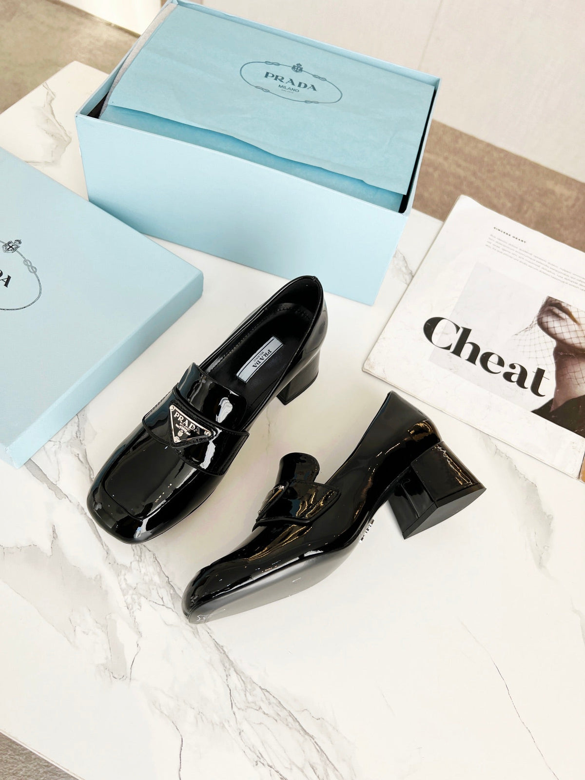 Prada 26S Block Heel Loafers Black Patent Leather 147124
