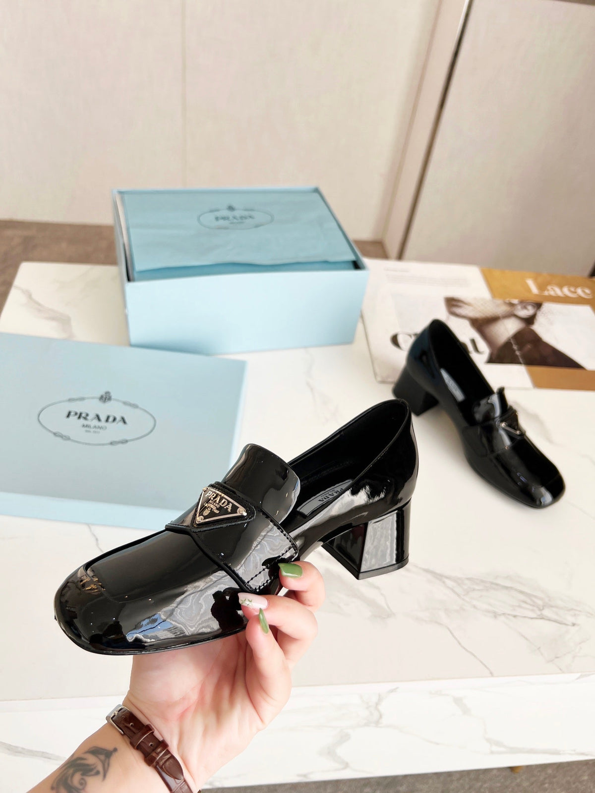 Prada 26S Block Heel Loafers Black Patent Leather 147124