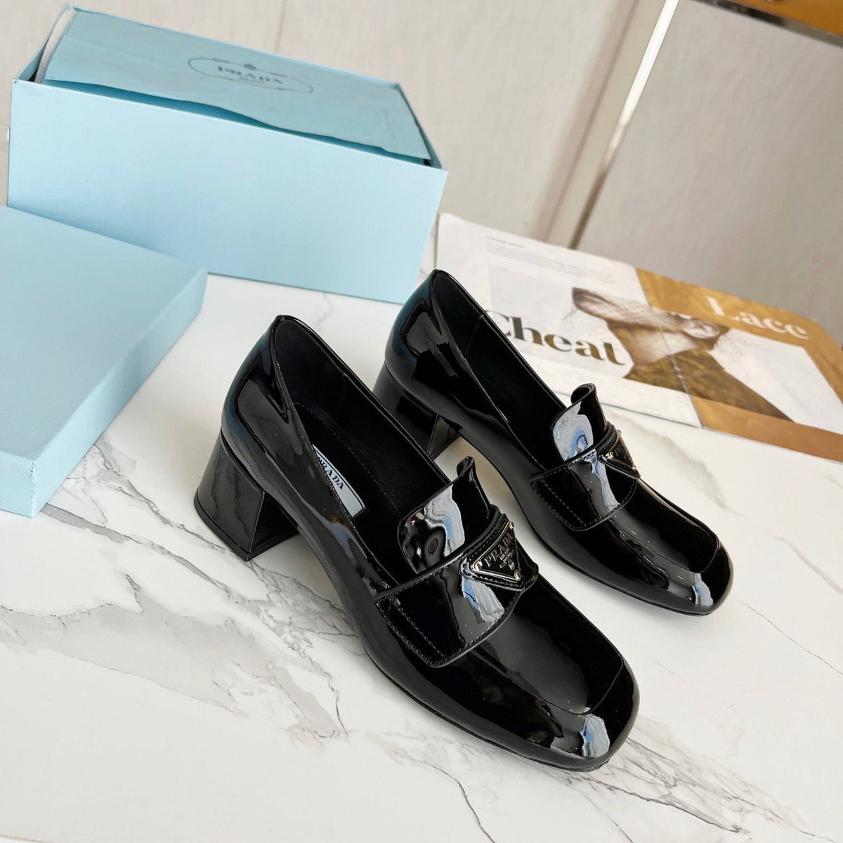 Prada 26S Block Heel Loafers Black Patent Leather 147124