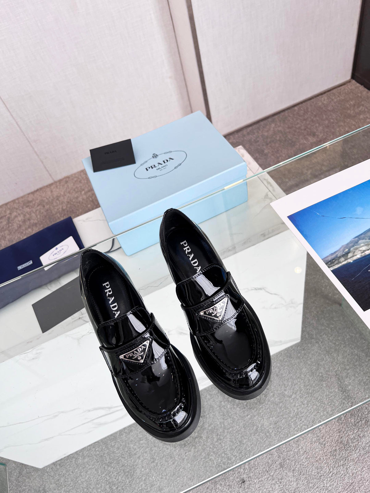 Prada 26S Block Heel Loafers Black Brushed Leather 147121