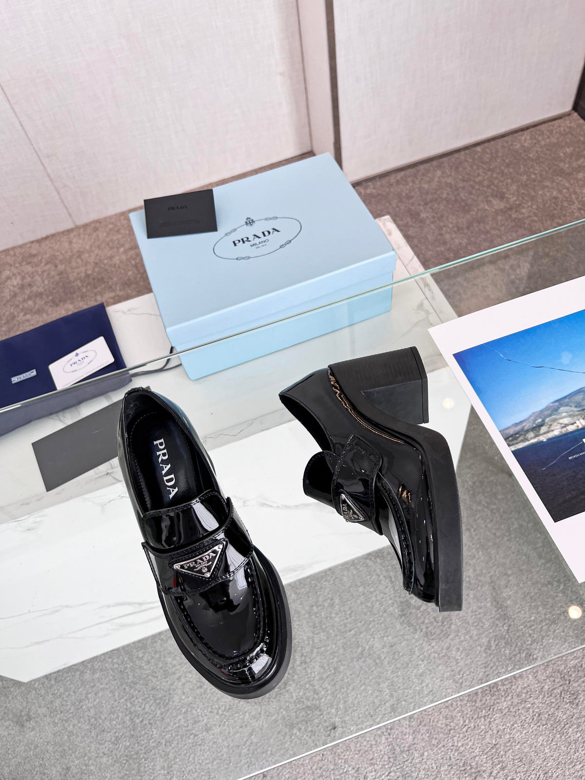 Prada 26S Block Heel Loafers Black Brushed Leather 147121