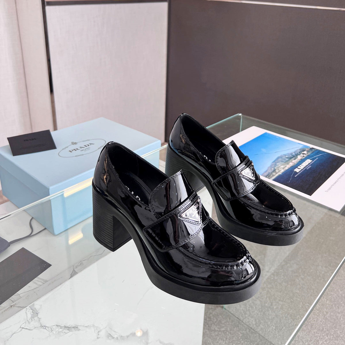 Prada 26S Block Heel Loafers Black Brushed Leather 147121