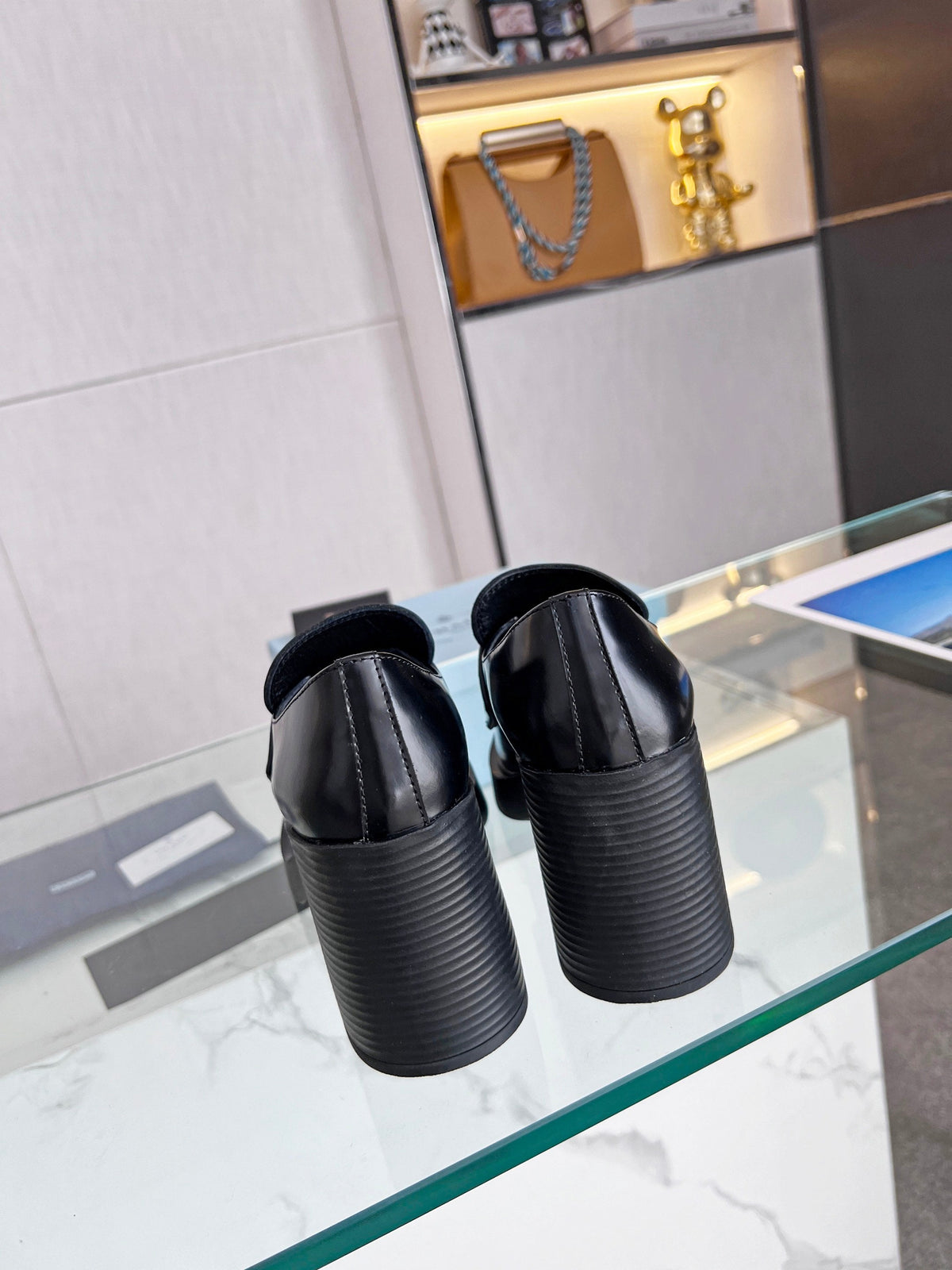 Prada 26S Block Heel Loafers Black Brushed Leather 147121