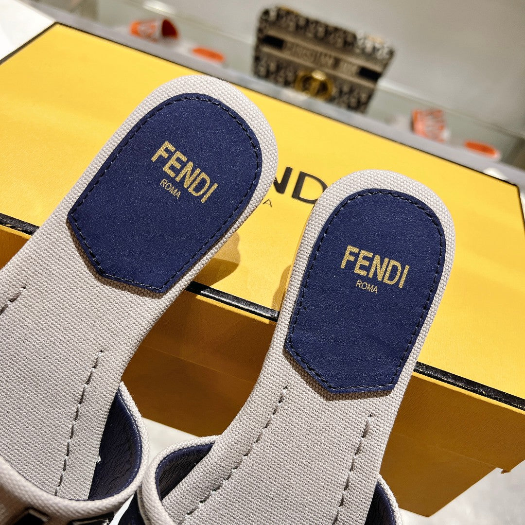 FF Women Roma Signature Blue Grey Canvas Leather Slide