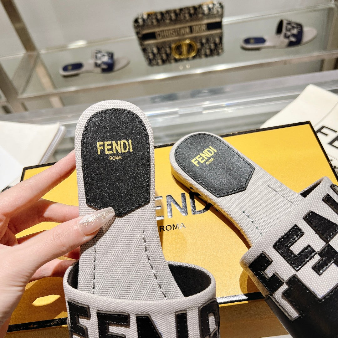 FF Women Roma Signature Black Grey Canvas Leather Slide