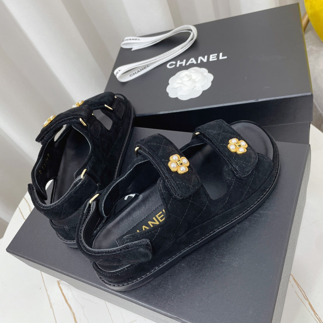 Chanel 26s Sandals Black Suede Pearl Camellia Embellishment
