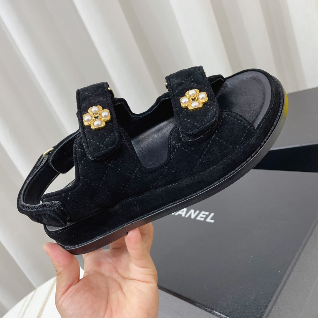 Chanel 26s Sandals Black Suede Pearl Camellia Embellishment