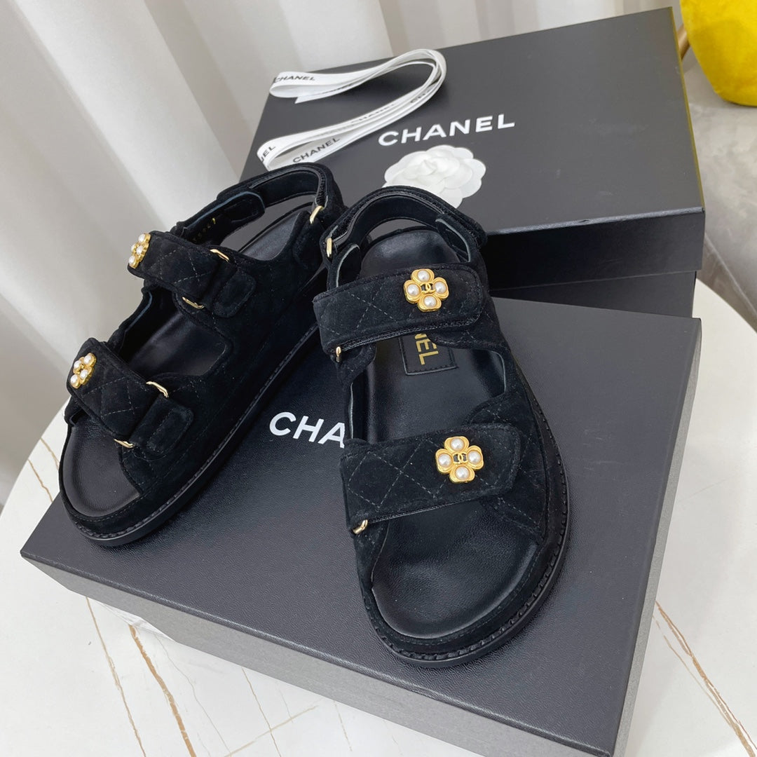 Chanel 26s Sandals Black Suede Pearl Camellia Embellishment