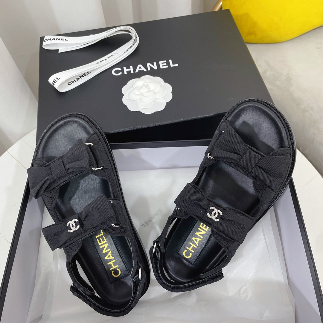 Chanel 26s Sandals Black Fabric Bow Embellishment