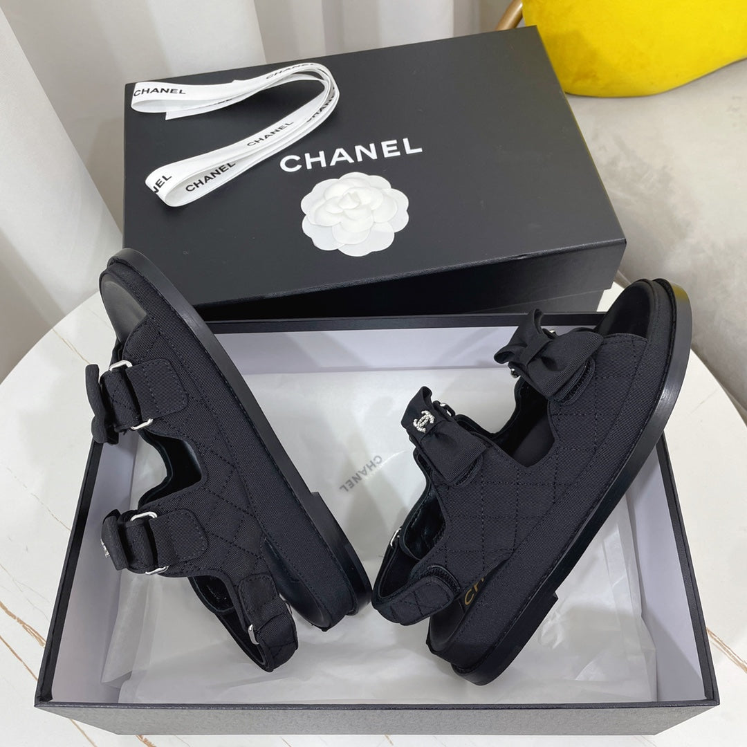 Chanel 26s Sandals Black Fabric Bow Embellishment