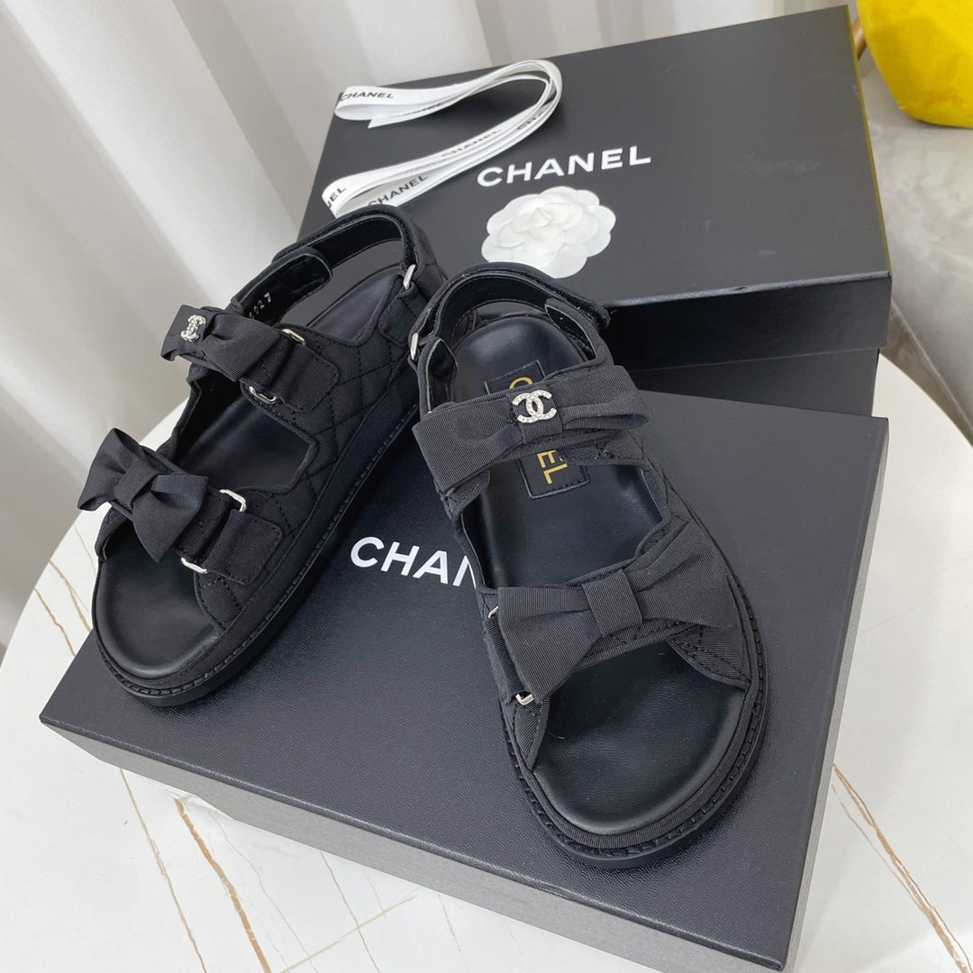 Chanel 26s Sandals Black Fabric Bow Embellishment