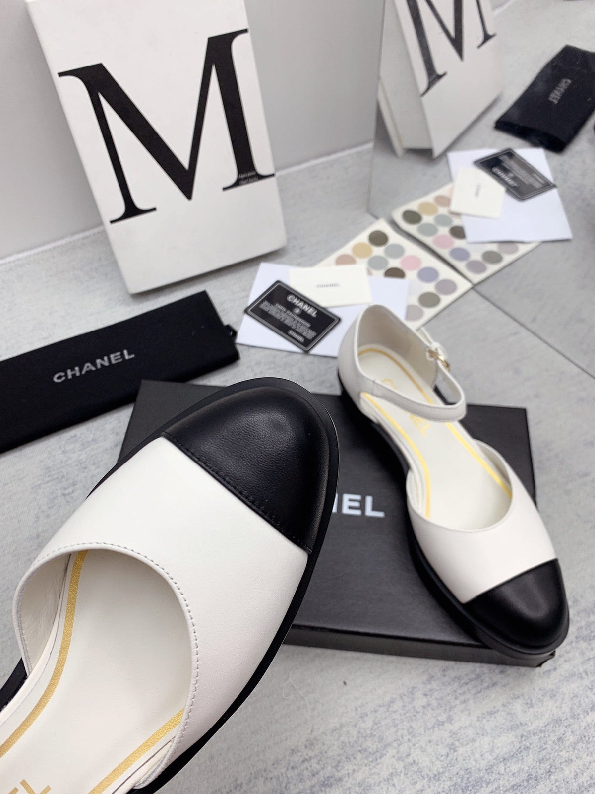 CC 26s Mary Janes White Black Lambskin Grosgrain 159883