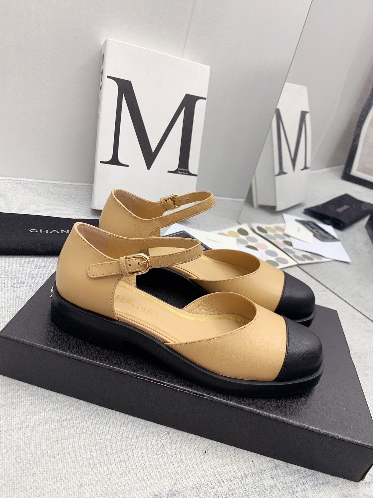 CC 26s Mary Janes Beige Black Lambskin Grosgrain 159947