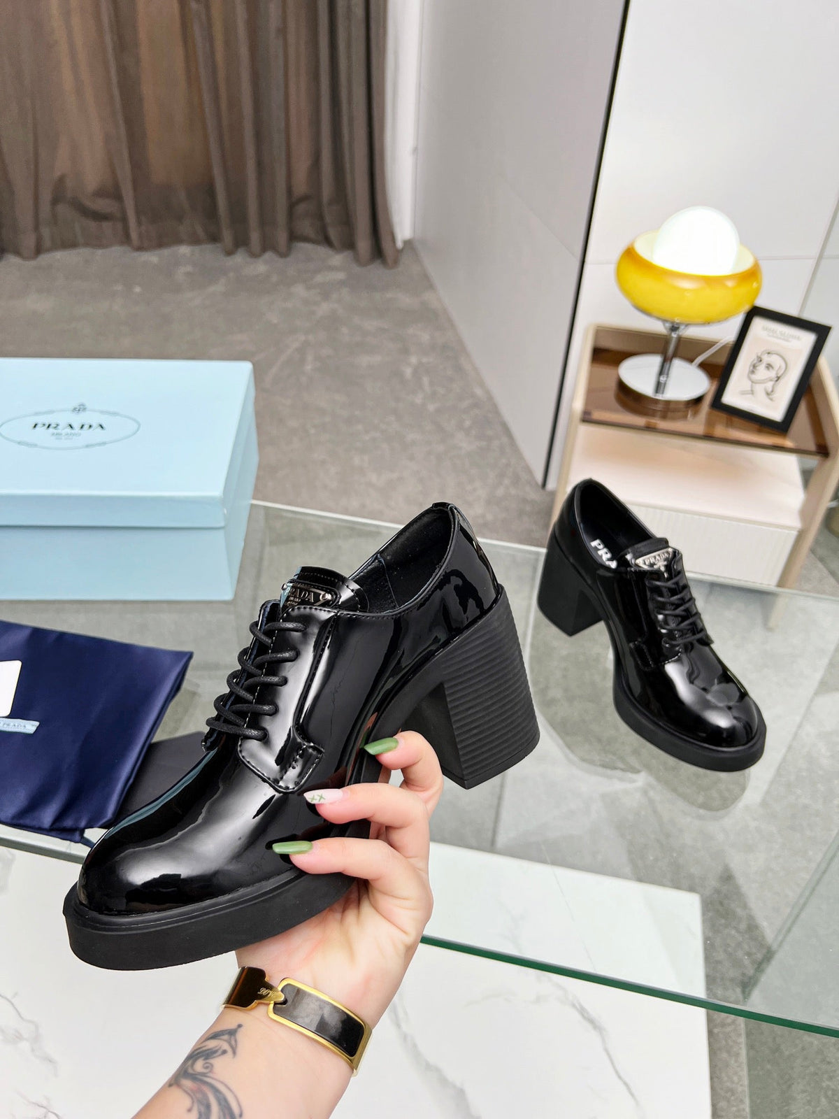 Prada 26S Lace-Up Block Heel Oxfords Black Patent Leather 147122