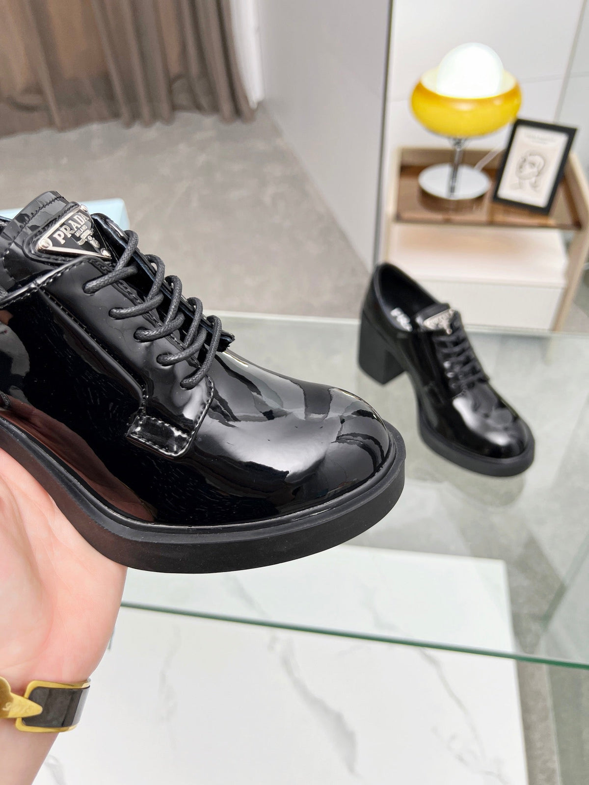 Prada 26S Lace-Up Block Heel Oxfords Black Patent Leather 147122