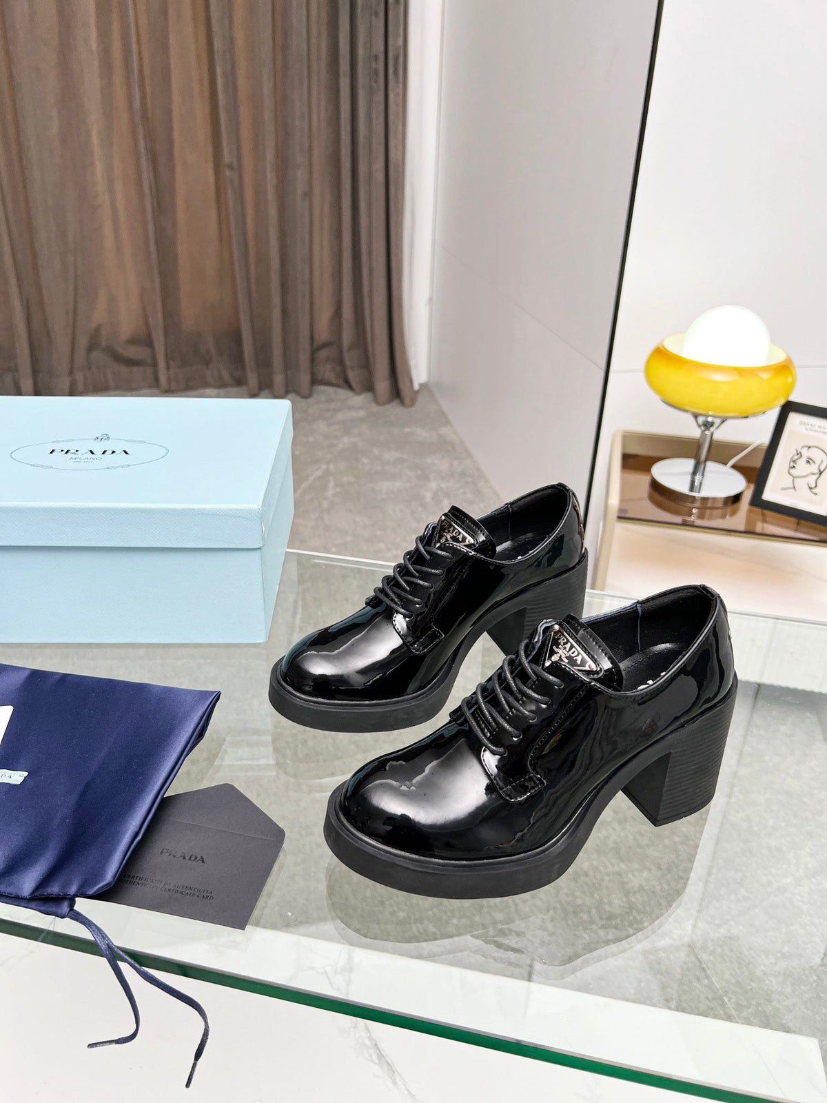 Prada 26S Lace-Up Block Heel Oxfords Black Patent Leather 147122