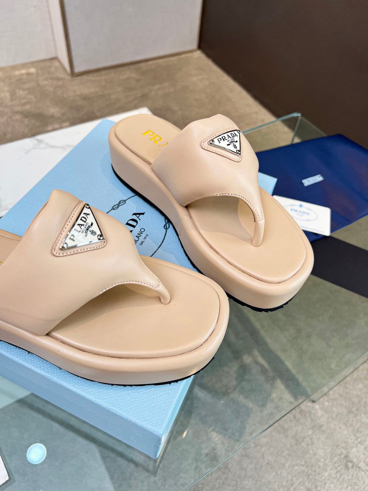 Prada 26s Platform Thong Sandals Beige Leather 140399