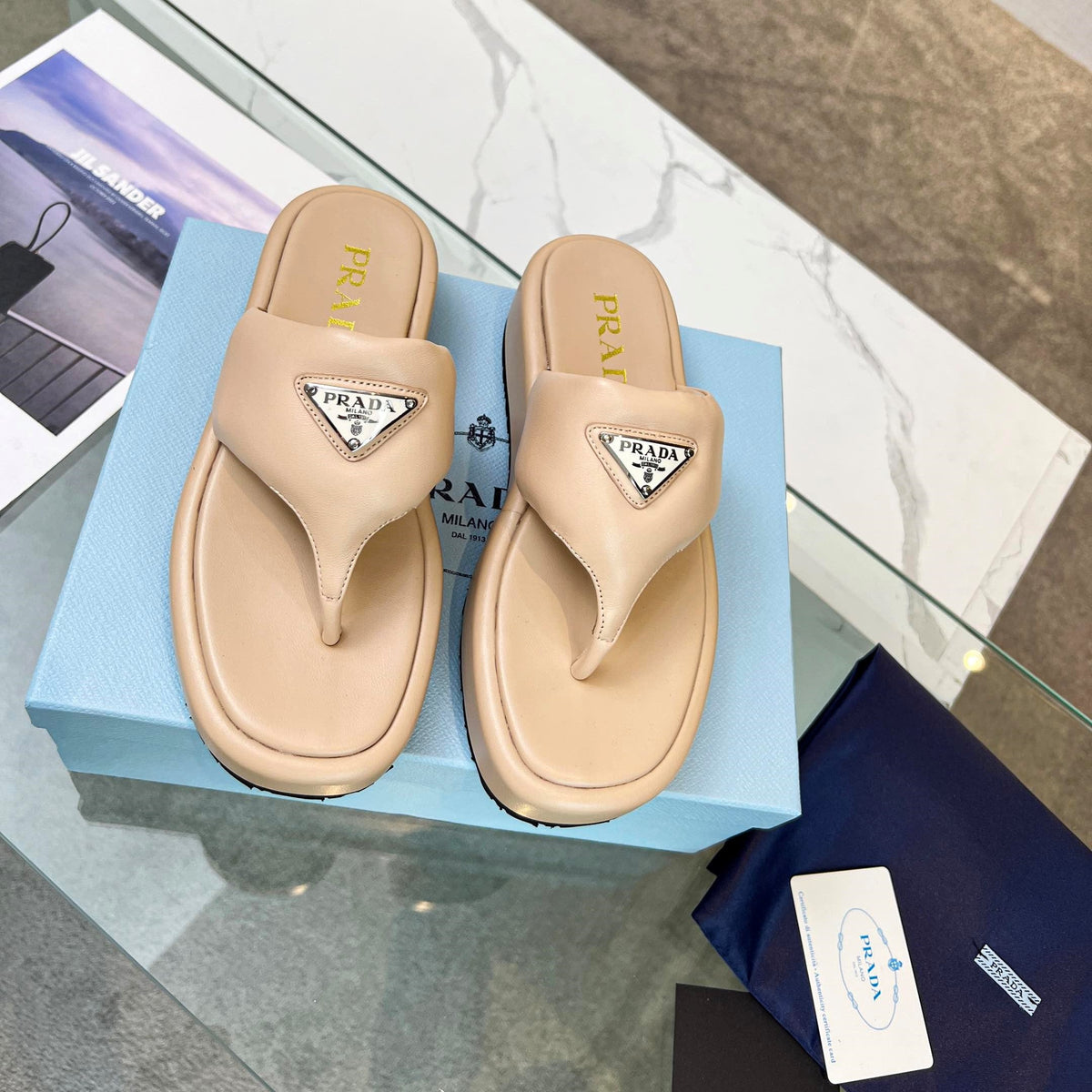 Prada 26s Platform Thong Sandals Beige Leather 140399