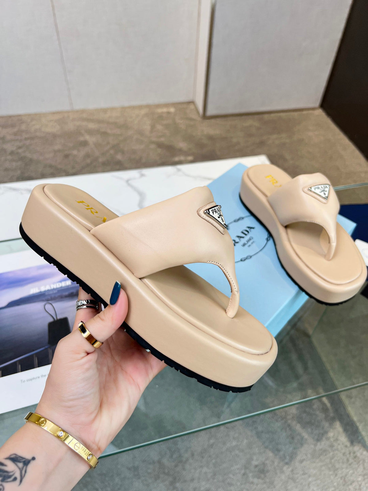 Prada 26s Platform Thong Sandals Beige Leather 140399