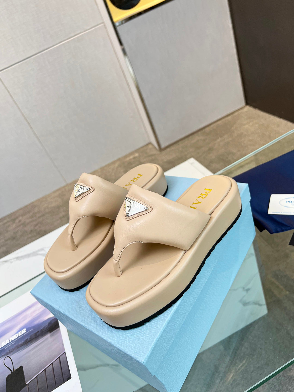 Prada 26s Platform Thong Sandals Beige Leather 140399