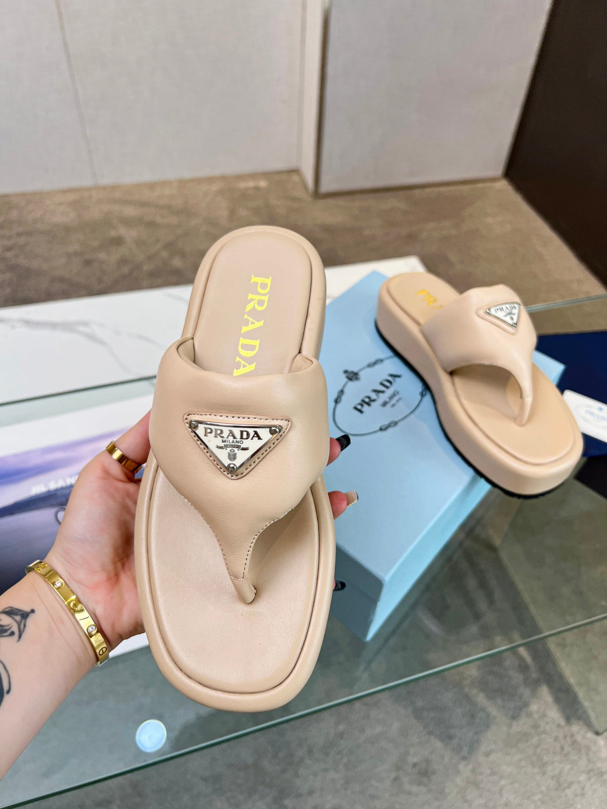 Prada 26s Platform Thong Sandals Beige Leather 140399