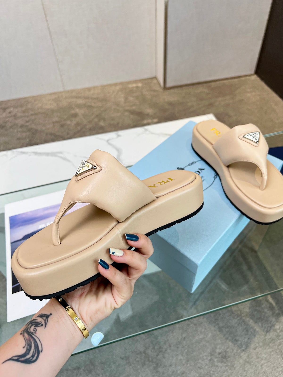 Prada 26s Platform Thong Sandals Beige Leather 140399