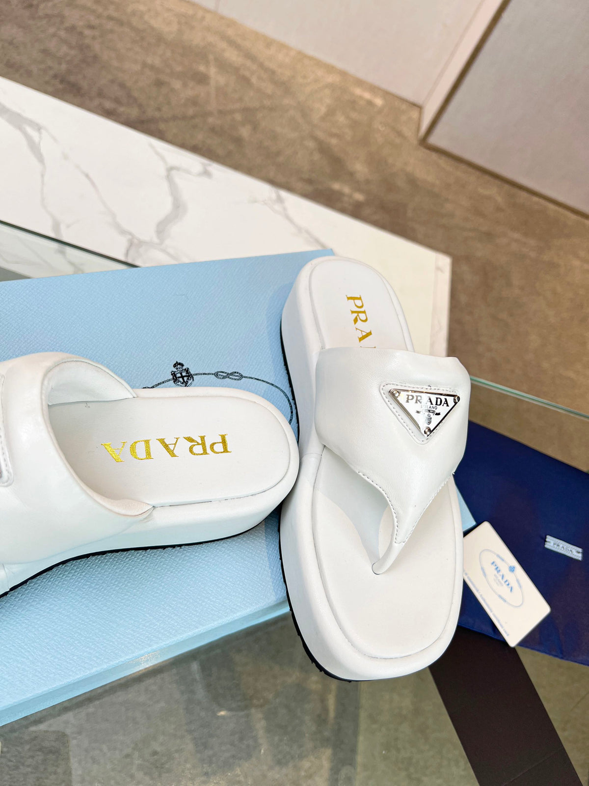Prada 26s Platform Thong Sandals White Leather 140400