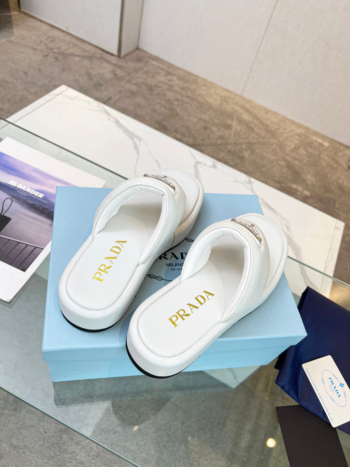 Prada 26s Platform Thong Sandals White Leather 140400