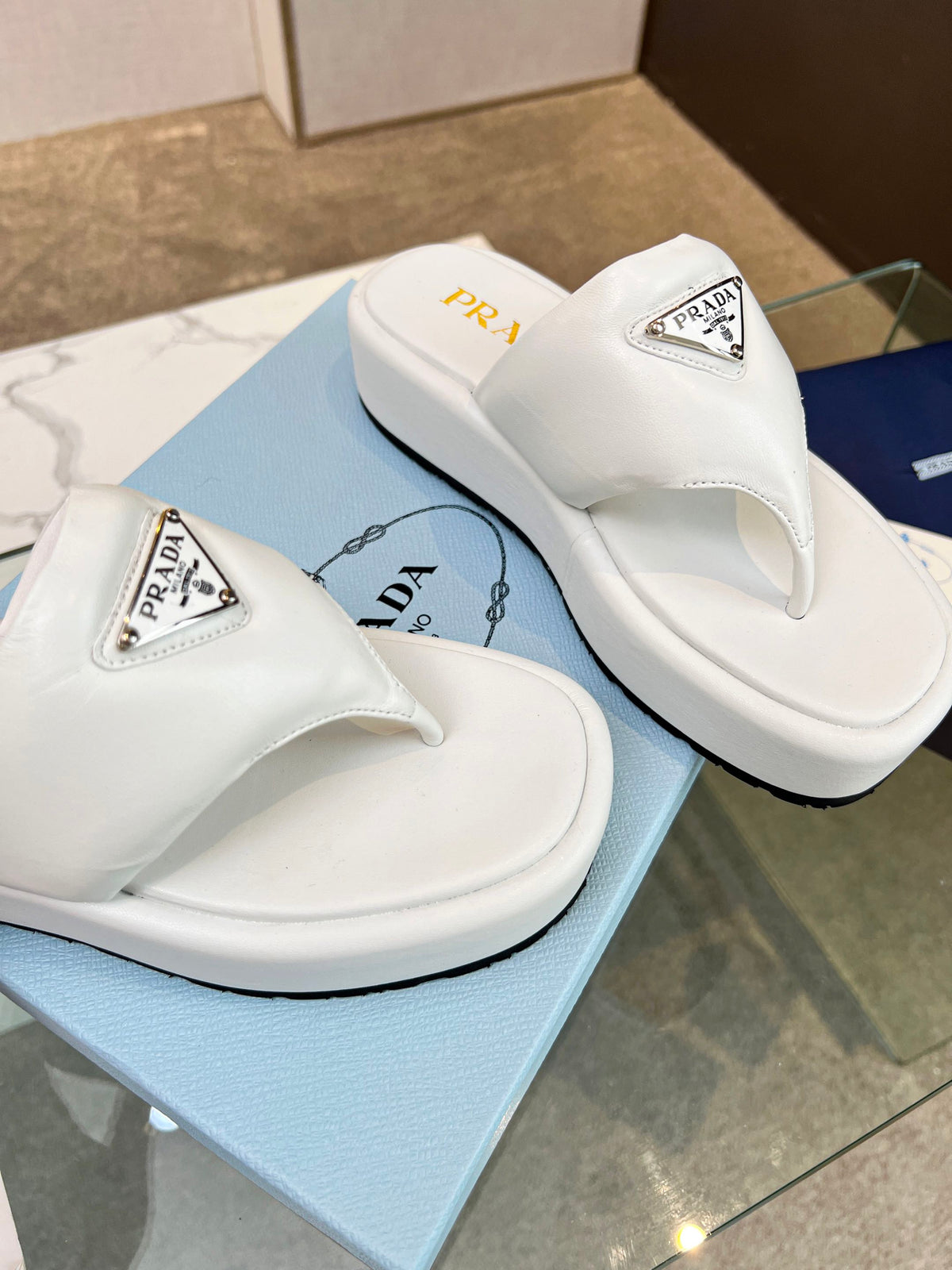 Prada 26s Platform Thong Sandals White Leather 140400