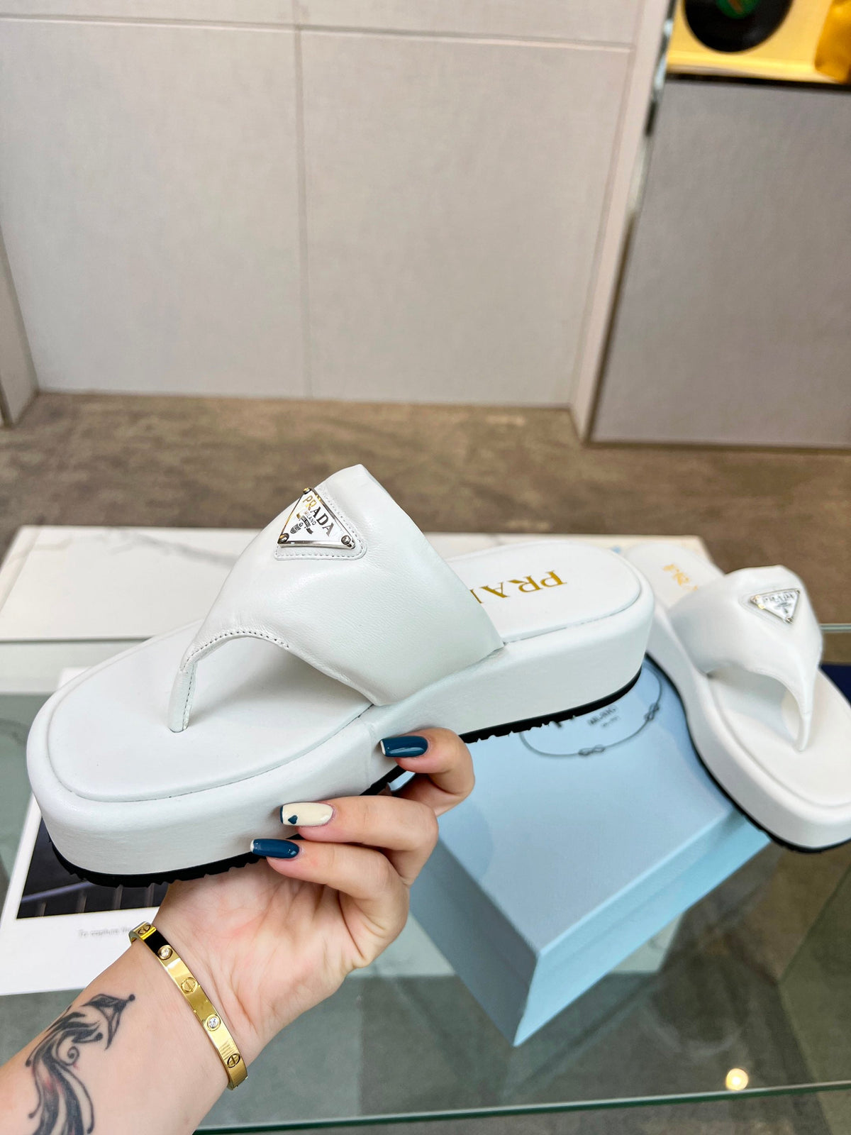 Prada 26s Platform Thong Sandals White Leather 140400